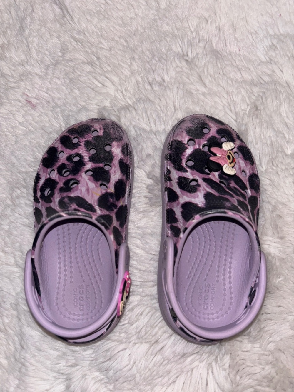 CROCS Kids Lavender Leopard Slip-On Clogs with Minnie Charm